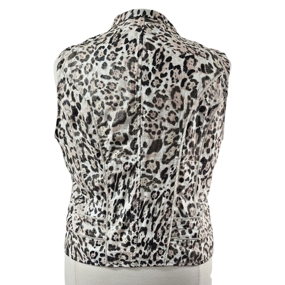 Chico's Linen Blend Leopard Print Open Front Vest Zip Pockets Shimmering - Picture 2 of 10